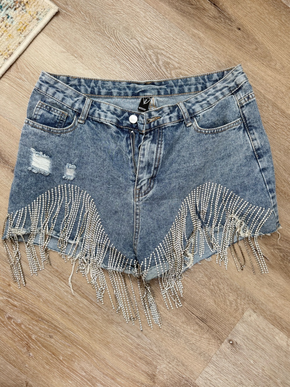 Windsor Denim Fringe Rhinestone Jean Shorts - Blue